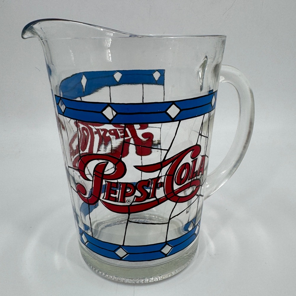 Pepsi Cola Glass Pitcher Clear Red Blue Stained Glass Style Retro Logo